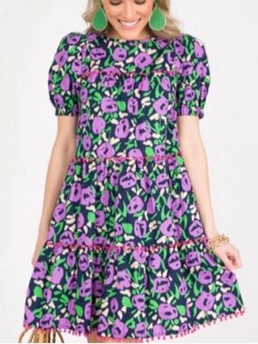 THML Medium Floral Pom Pom Blooms Tiered Mini Dress